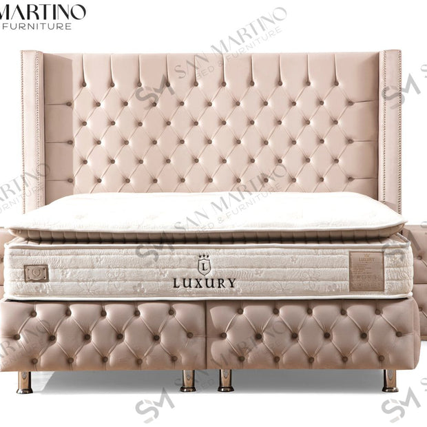 Lit double coffre capitonne 2 places en velours avec tête de lit - CLOUTE BEIGE