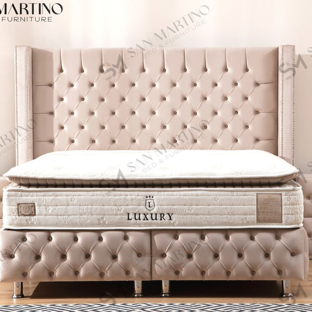 Lit double coffre capitonne 2 places en velours avec tête de lit - CLOUTE BEIGE