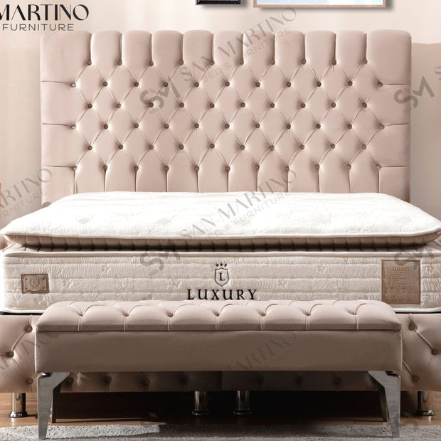 Lit double coffre 2 places en velours avec tête de lit – LUNA BEIGE