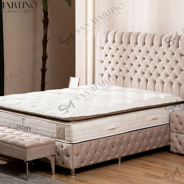 Lit double coffre 2 places en velours avec tête de lit – LUNA BEIGE