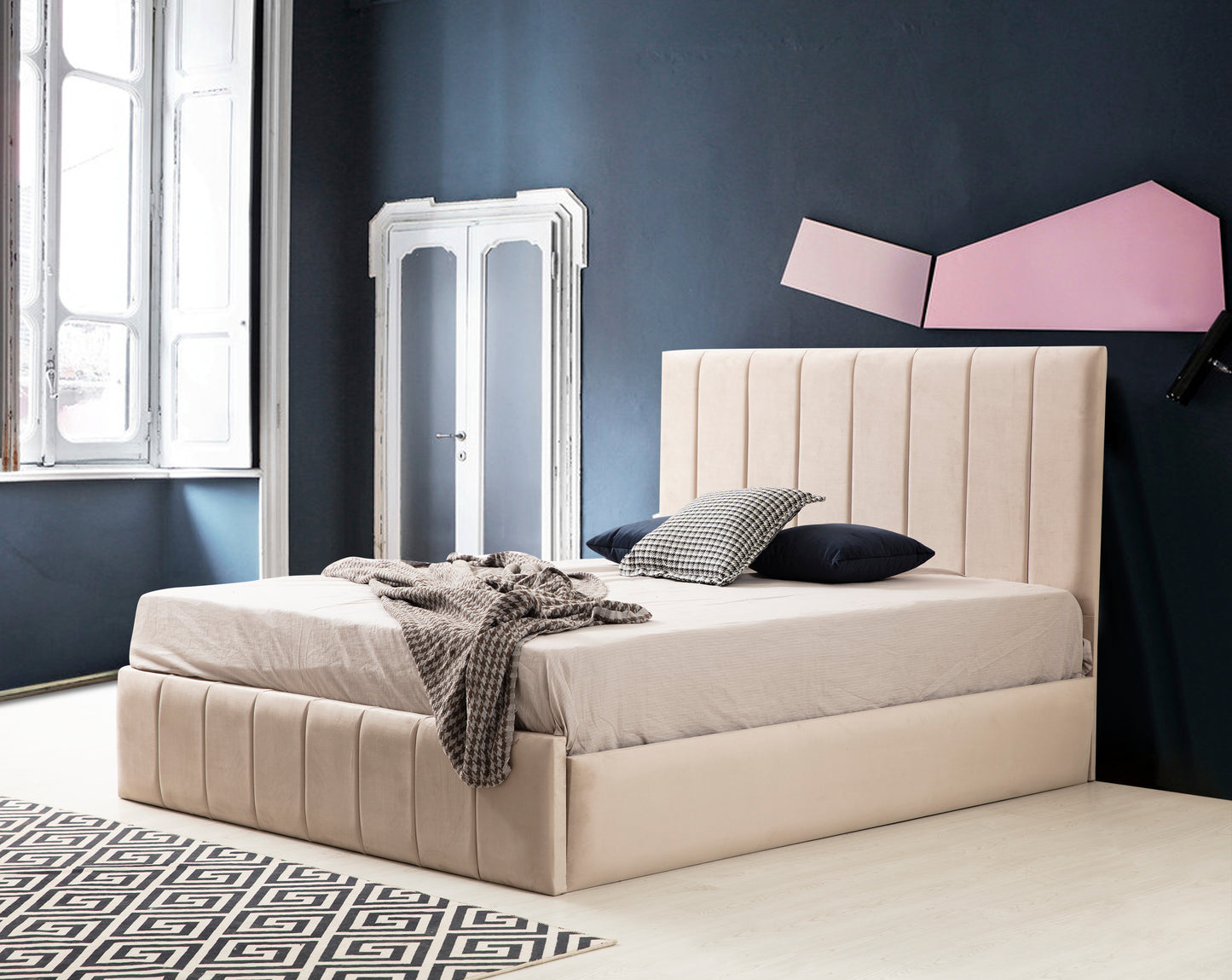 Cadre de lit 2 places en velours avec ou sans sommier – POLO BEIGE