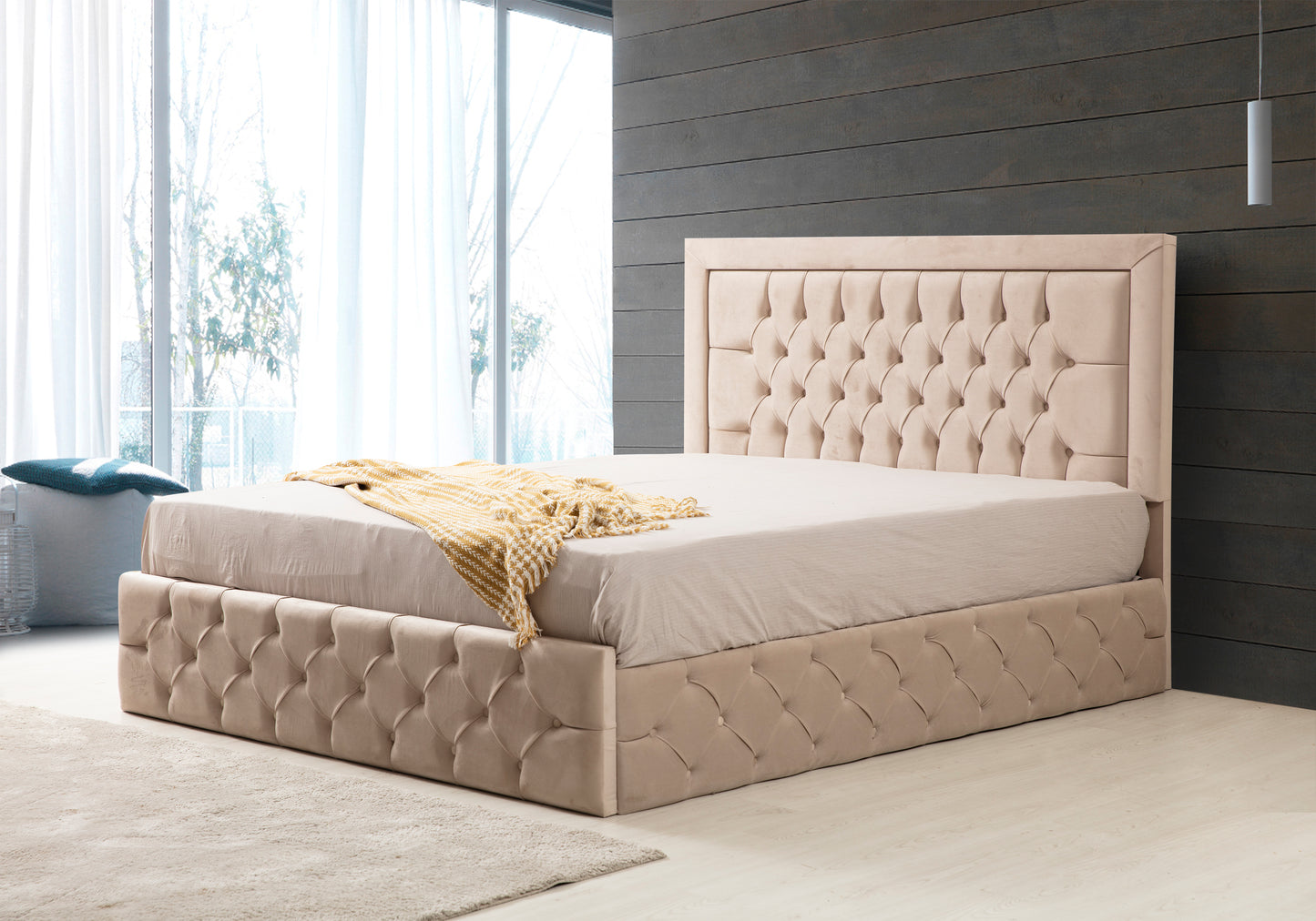 Cadre de lit 2 places en velours avec ou sans sommier – ROMA BEIGE