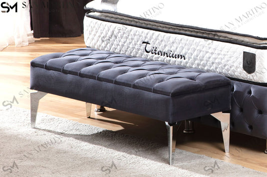 Banquette coffre capitonné en velours - gris anthracite