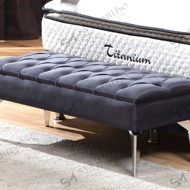 Banquette coffre capitonné en velours - gris anthracite