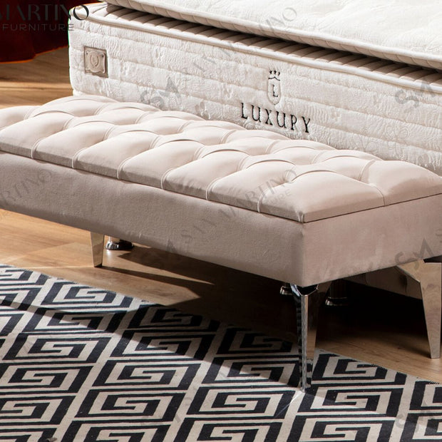 Banquette coffre capitonné en velours - beige