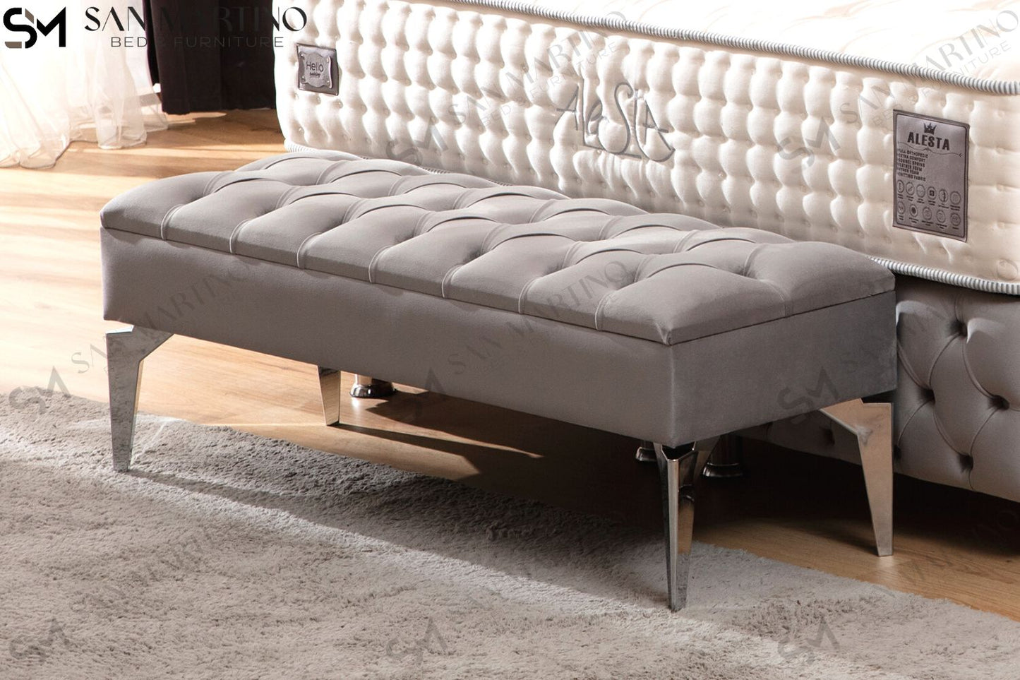 Banquette coffre capitonné en velours - gris