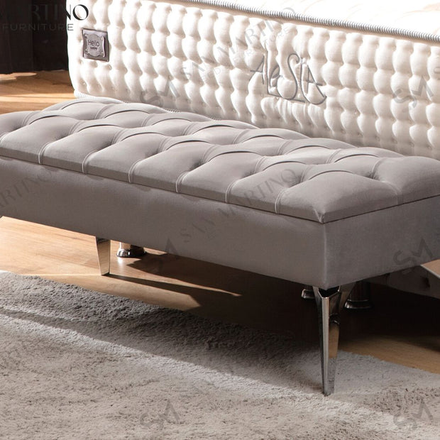 Banquette coffre capitonné en velours - gris
